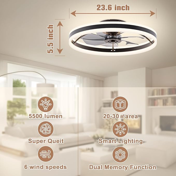 VOLISUN Low Profile Ceiling Fans with Lights and Remote, 23.6in Flush Mount Ceiling Fans with Light, 3000K-6500K Dimmable Fandelier LED Fan Light, Black Bladeless Ceiling Fans with Lights for Bedroom