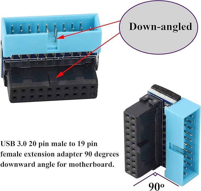 2 Pack Down Right Angle USB 3.0 19-pin Connector 90 Degree 19Pin/20Pin 3.0 USB Female to Male Extension Power Adapter Board for Desktop Motherboard Internal Header Adapter(Down/Blue-20Pin)