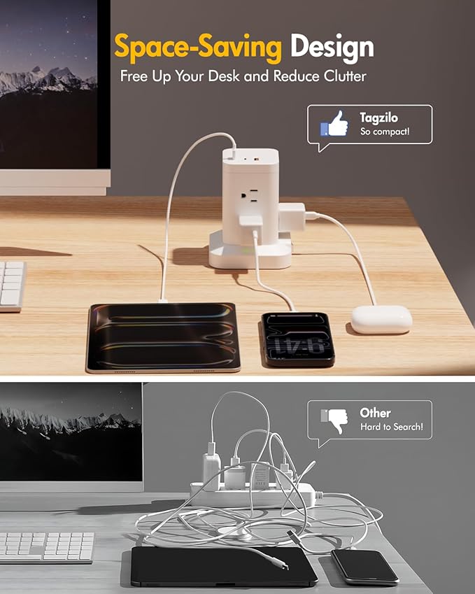 2Pack Power Strip Tower with Surge Protector 1800J, Fast Charging Tower PD20W USB-C Ports with 8 AC Outlets, 10ft Extension Cord for Home Office Dorm Room, White