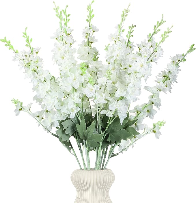 12 Pcs White Delphinium Artificial Flower 35.4'' Long Larkspur Stem White Fake Faux Silk Flowers Bulk for Tall Vase Floral Arrangements Home Centerpiece Table Wedding Decor