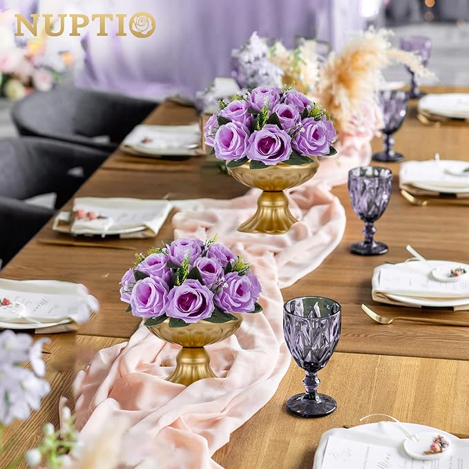 NUPTIO Artificial Flower Centrepieces for Tables - 2 Pcs Lilac Fake Flowers Roses Balls 9.5in Diameter - Silk Faux Rose Arrangement for Wedding Party Centerpiece Table Decor