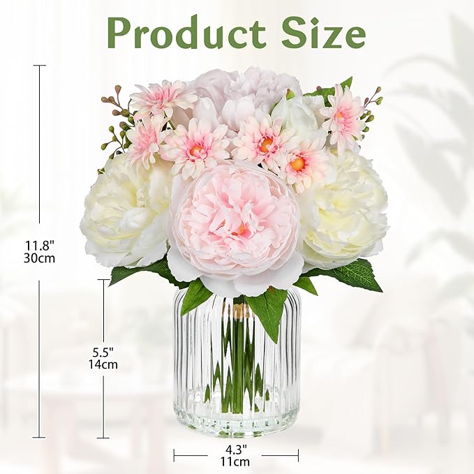 DILATATA Artificial Flowers in Vase Pink Silk Peony & Daisy Faux Floral Arrangements for Table Centerpieces, Home Office Kitchen Bathroom Decor, Spring Fake Flower Arrangement