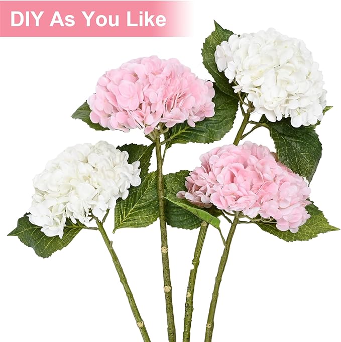 Waipfaru 4Pcs Real Touch Hydrangea Artificial Flowers, Pink & White Fake Hydrangea Flowers, 21" Lifelike Latex Faux Hydrangea Flowers for Wedding Bouquet Home Decor Centerpieces