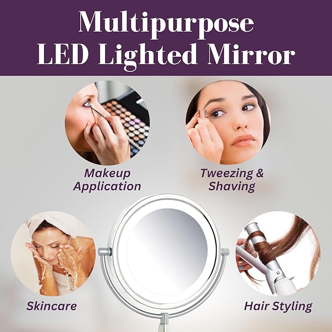 JERDON Magnifying Mirror with LED Lights - Plug-in Makeup Mirror with 1X and 8X Magnification in Chrome Finish - Model HL8510CL