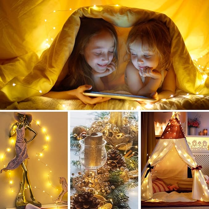 Minetom Fairy Lights Battery Operated, 8 Pack 7 FT 20 LED String Lights with Timer, Waterproof Silver Wire Christmas Fairy Light for Bedroom Party Wedding Decorations, Warm White