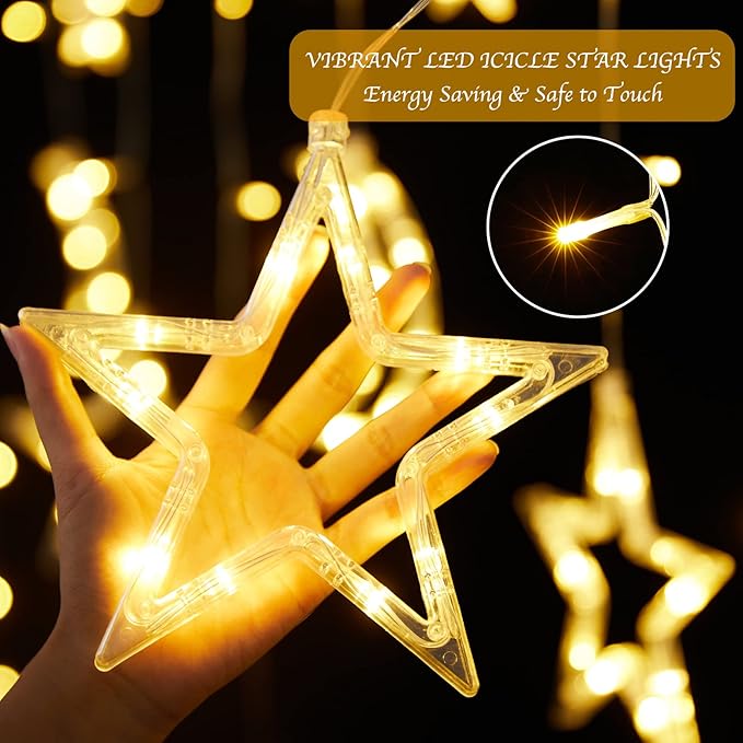 Christmas LED Curtain String Lights - 18FT 12 Drops 138 LED Star Moon Hanging Lights with Remote, 8 Modes, 6H Timer, Waterproof Connectable Window Lights for Indoor Outdoor Holiday Decorations
