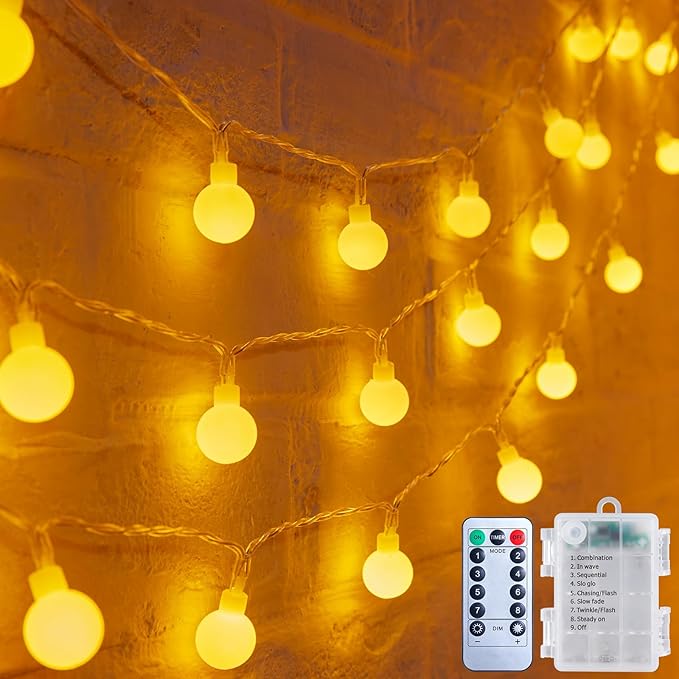 Minetom 2 Pack Globe String Lights Battery Operated, Totally 120 LED Fairy Lights with Remote, Waterproof for Indoor Outdoor Bedroom Classroom Dorm Camping Canopy Wedding Xmas Decor, Warm White