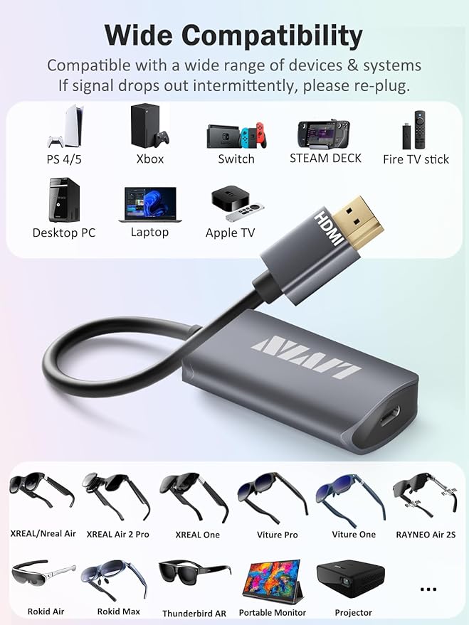 HDMI to USB C Adapter (4K@60Hz) Portable Monitor, AR Glasses XREAL One、Air 2 Pro/VITURE Pro/RayNeo Air 2s/Rokid, HDMI Male(Source) to USB C Female(Display) Laptop,Switch,ROG Ally,Steam Deck,PS4/5,Xbox