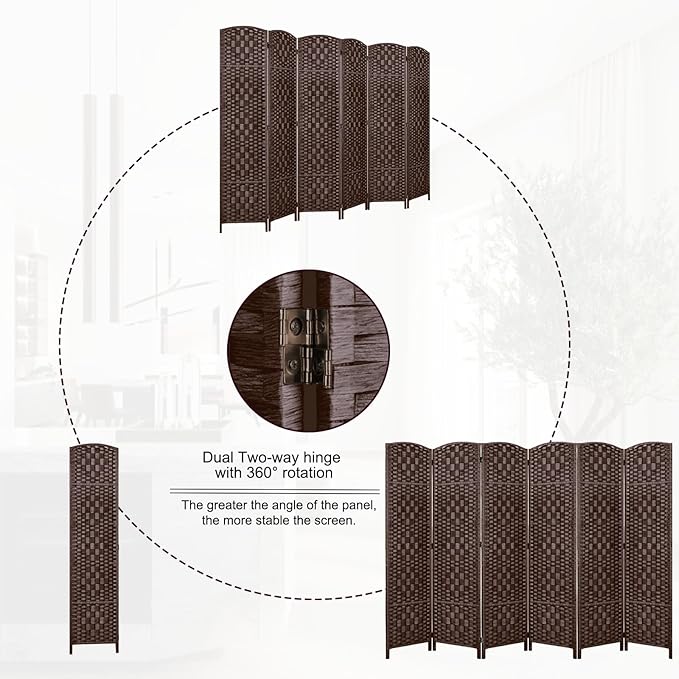 Rose Home Fashion Room Divider, 6 ft Tall Room Dividers and Folding Privacy Screens, 16in Privacy Screen 6 Panel Brown Space Temporary Wall Foldable Partition Separation