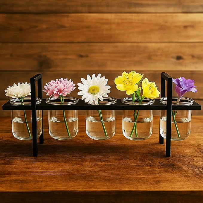 Seraphic 5-Cup Rustic Modern Floating Candle Holder Table Centerpiece Decoration for Dining Room, Kitchen, Patio, Weddings, Metal Iron with Glass Cups, 16" Long