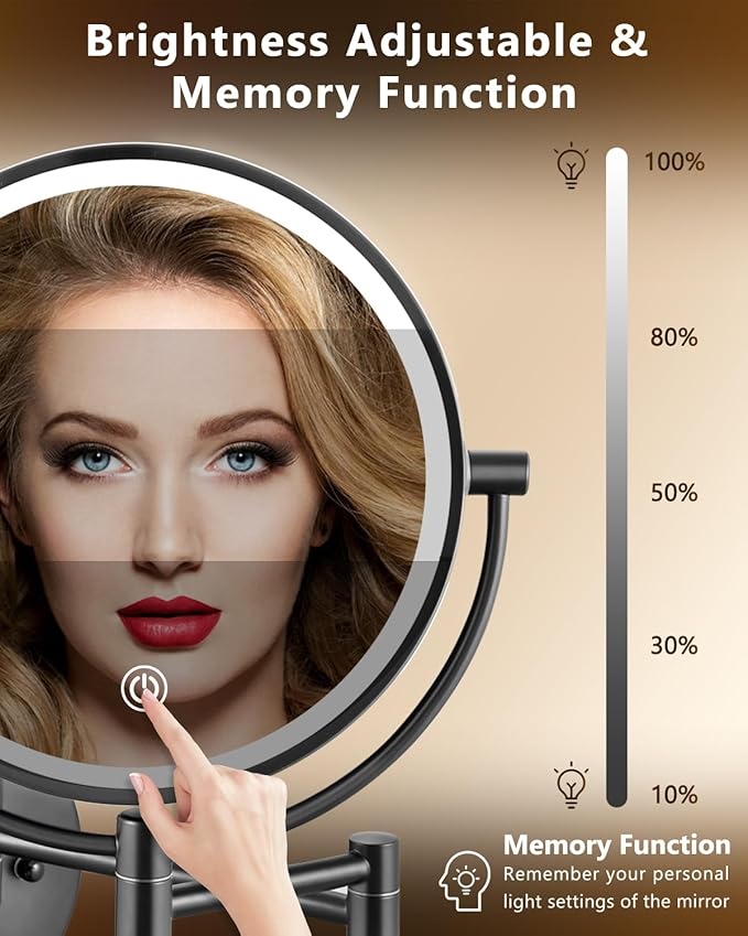 ALHAKIN 9" Wall Mounted Lighted Makeup Mirror, Large Rechargeable 1X/10X Magnifying Mirror with 3 Color Lights Dimmable, 360° Rotation, Nickel