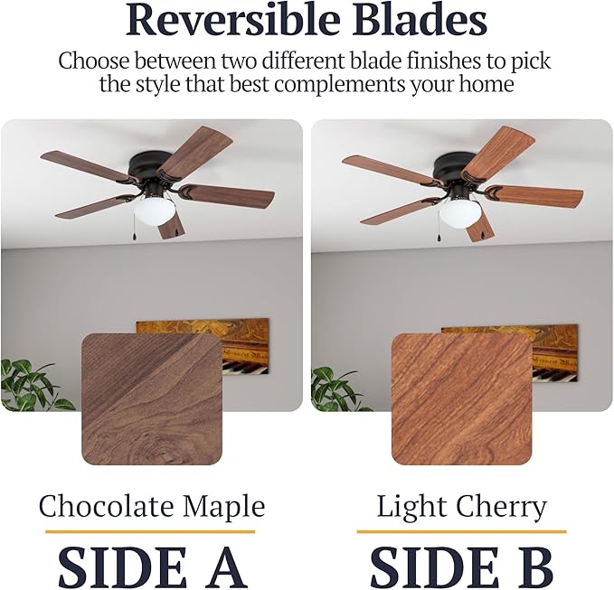 Prominence Home Alvina Traditional 42 Inch Ceiling Fan with Light, LED Flush Mount Ceiling Fan, Indoor Fan with 5 Blades, Light Cherry and Maple Brown Blade Finish Options, Bronze (50860-01)