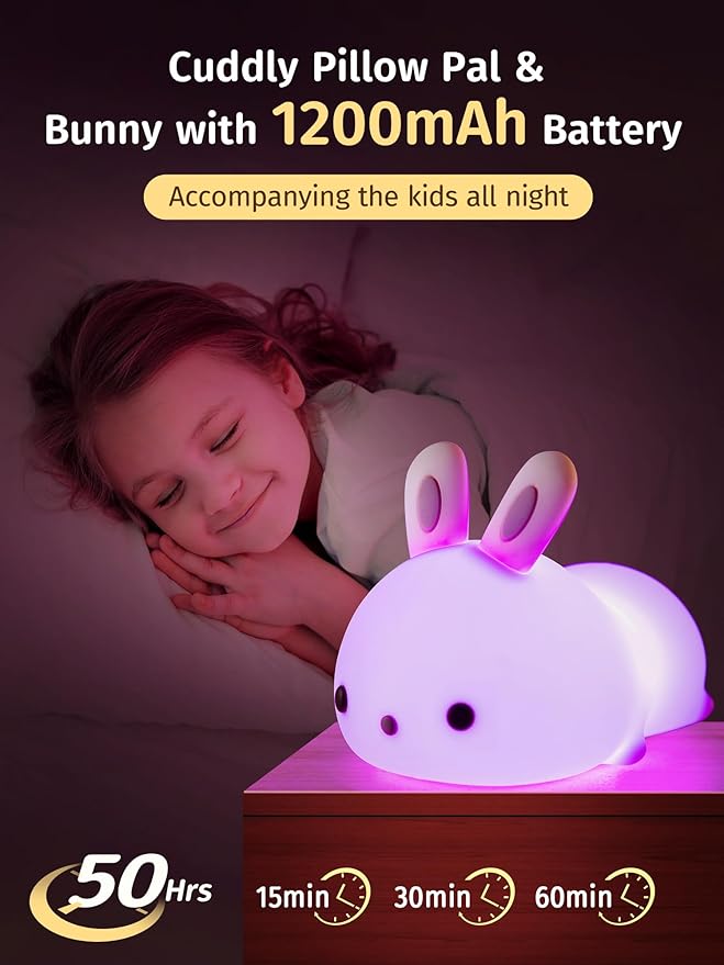 Mubarek Cute Night Light for Kids,16 Colors Kids Night Light for Girls Bunny Lamp,Dimmable Bunny Lamp,Tap Control+Rechargeable Gifts for Teen, Cute Room Decor for Teen Girls Gifts