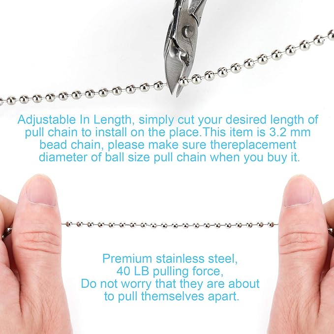 200 Inch Ceiling Fan Pull Chain, (Upgrade Rust Proof) 3.2mm Beaded Pull Chains Extension, Light Chain Pulls Extenders Great Pulling Force Stainless Steel with 24 Matching Connectors 2 Styles, By PSISO