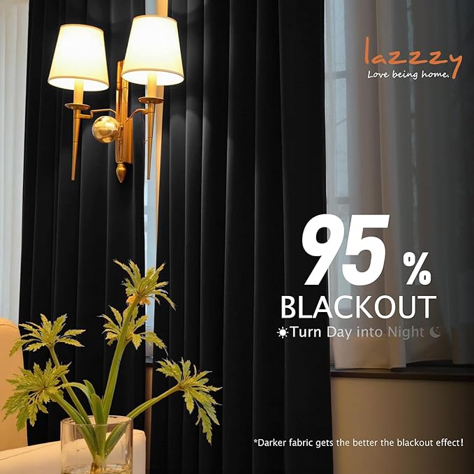 Lazzzy Velvet Blackout Curtains Thermal Insulated Room Window Drapes Super Soft Luxury Curtains for Living Room Bedroom Rod Pocket 2 Panels, Black, 52" W x 72" L