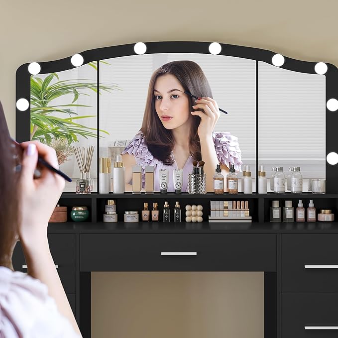 usikey 43.3" Vanity Desk with Large Lighted Mirror, Makeup Vanity Table with 7 Drawers & 10 Lights Bulbs, 3 Lighting Colors, Make Vanity Desk, Vanity Table for Women Girls, Black