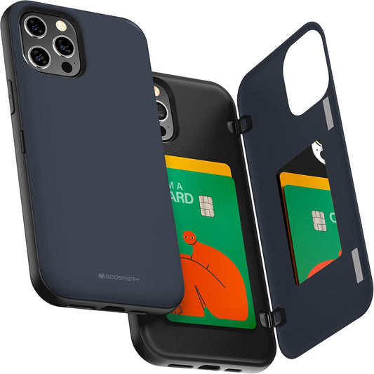 GOOSPERY Card Holder Wallet Case for iPhone 12 Pro Max, 6.7" (2020), Magnetic Closure, Hidden Mirror, Navy Blue