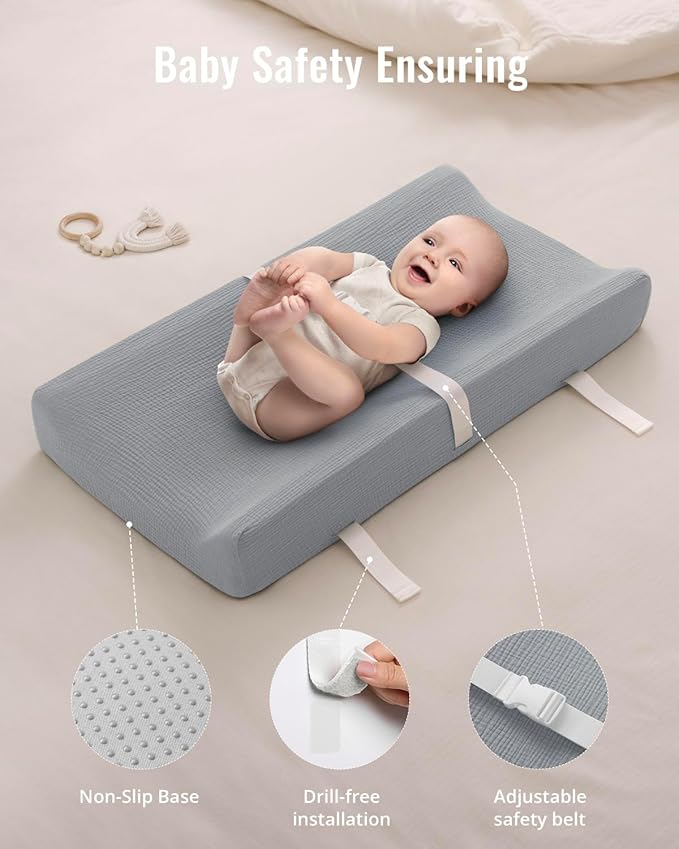 Blissful Diary Muslin Baby Changing Pad with Waterproof Lining Foam, Diaper Changing Table Pad with Cover for Dressers (Gray, Rectangular)