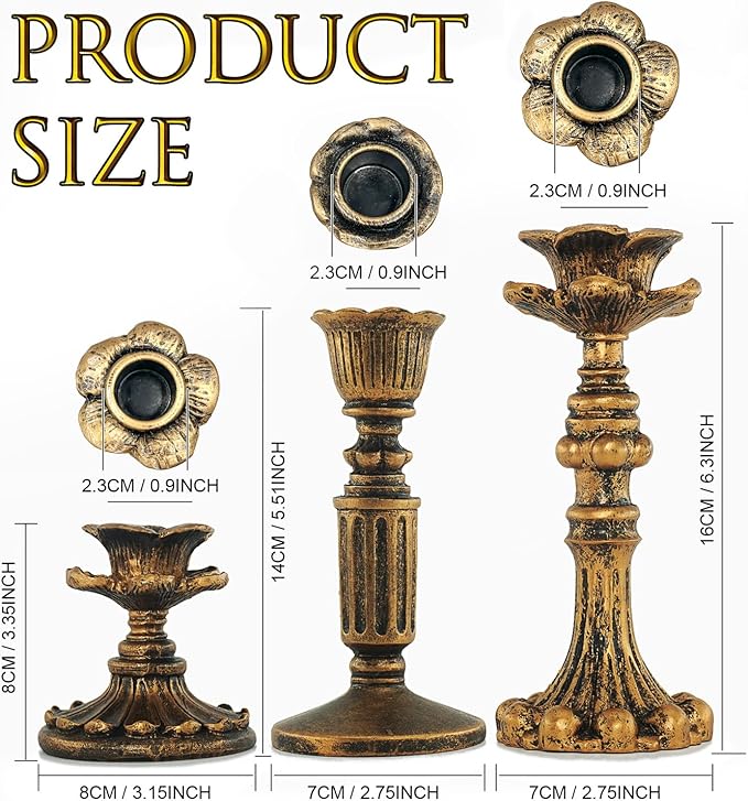 GEMLORD 6 Pcs Vintage Candlestick Holders for Taper, Resin Candle Holder Retro Antique Bronze Candle Holder for Wedding Party Anniversary Table Fireplace Home Decoration (3 Style)