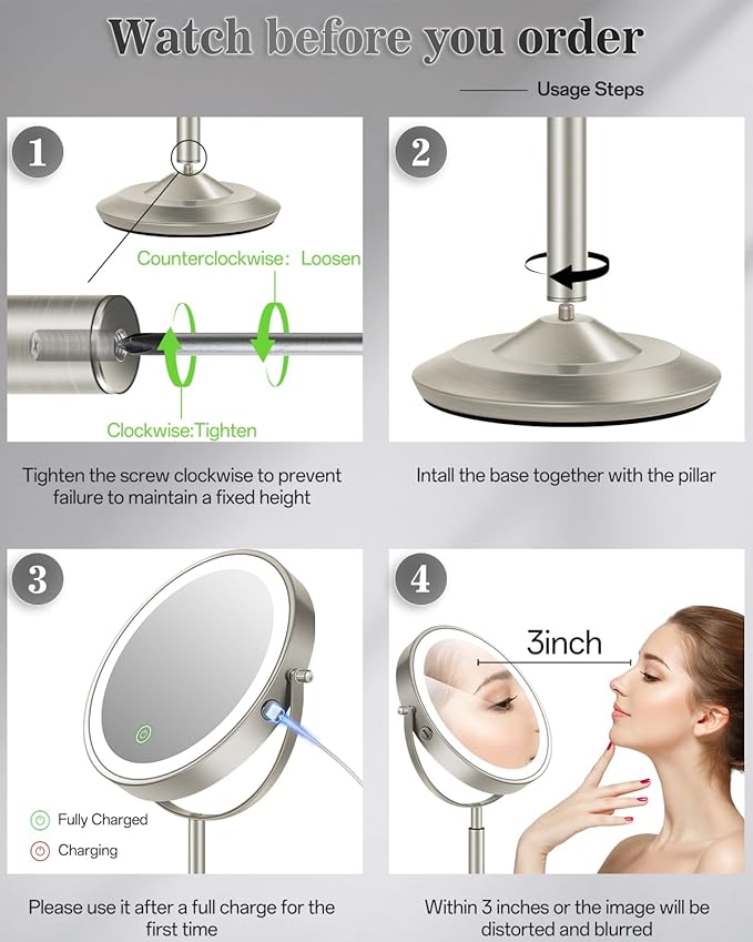 Makeup Mirror with Lights, 1X/30X Lighted Magnifying Mirror Height Adjustable, 3000mAh Rechargeable Double Sided Vanity Mirrors with 3 LED Lighting and Adjustable Brightness for Desk Women Gift
