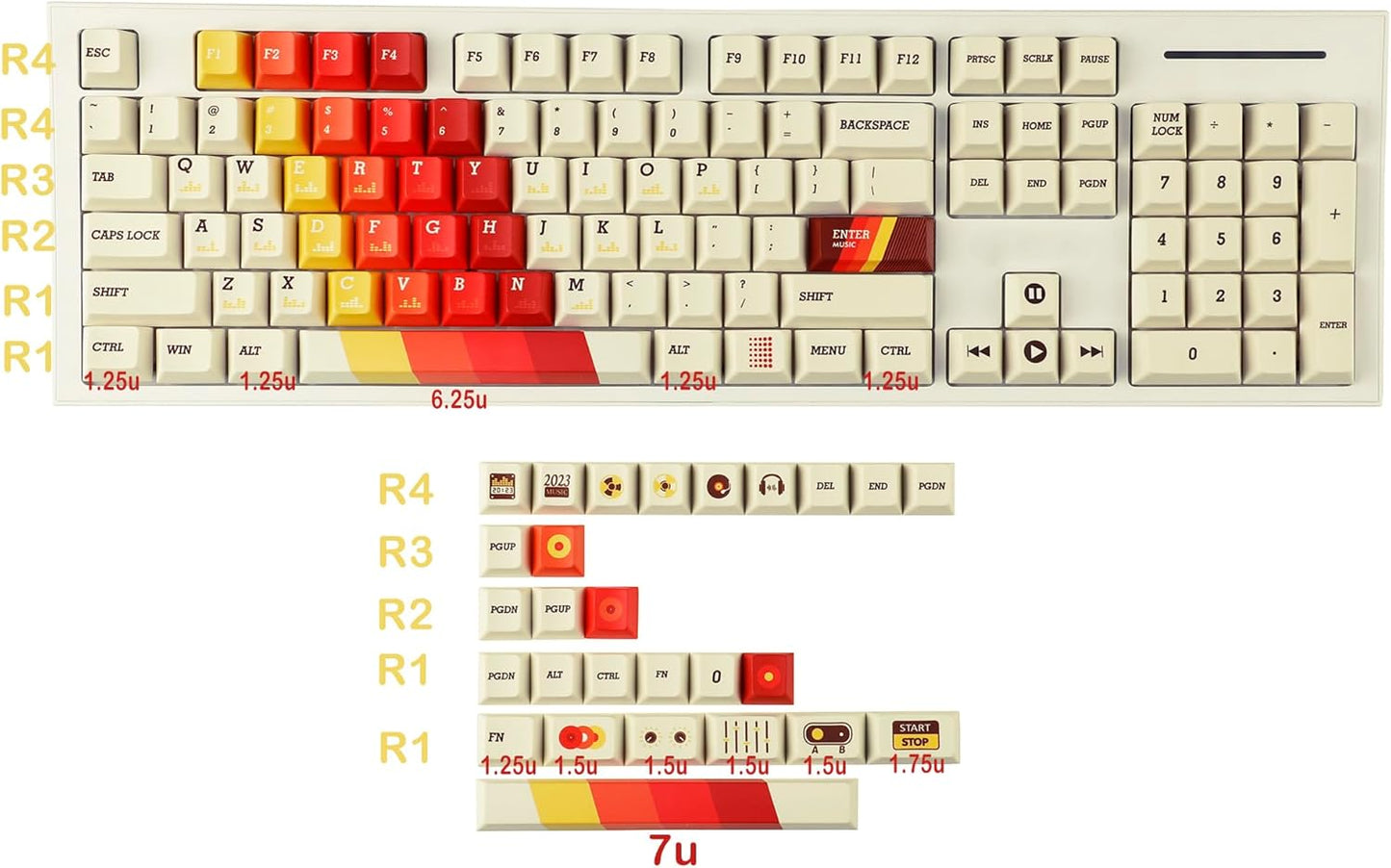 YMDK 1970 Music Cherry Profile 131 Keys Dye Sublimation Thick PBT Keycap for MX Mechanical Keyboards 61 68 84 87 96 104