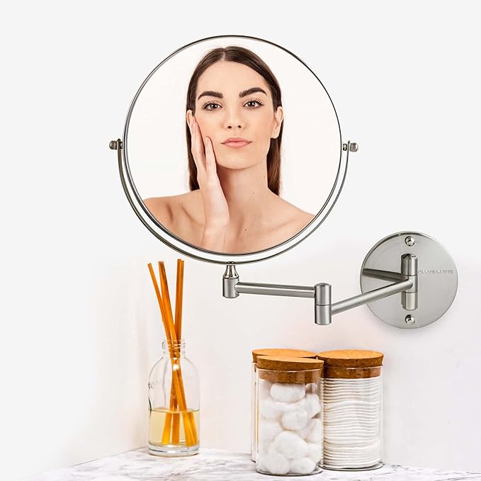OVENTE 9" Wall Mounted Makeup Mirror with 1X/7X Magnification, Double Sided Magnifying Round Bathroom Vanity Mirror, 360° Swivel Design, Extendable and Folding Arm, Nickel Brushed MNLFW90BR1X7X