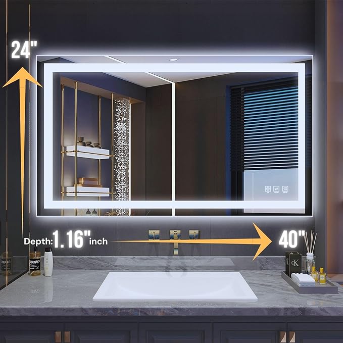 LED Bathroom Mirror 40"x 24",Front Lit and Backlit Bathroom Mirror with Lights,Stepless Dimmable,Anti-Fog, Shatter-Proof, Memory, 3 Colors Lighted Vanity Mirror (Horizontal/Vertical)