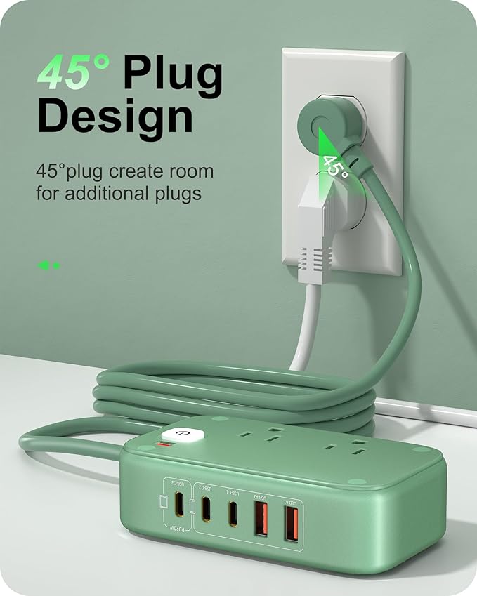 5FT USB Charging Station with Outlets, Flat USB C Travel Power Strip PD 20W Charger with 2500W AC Outlets, 3 USB-C Ports, 2 USB-A Ports Extension Cord for Home/Office/Travel