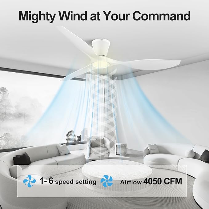 ocioc 52 inch Ceiling Fans with Lights and Remote, Dimmable Ceiling Fans with Reversible Quiet DC Motor, Flush Mount, 3CCT, White Ceiling Fan for Bedroom Living Room Indoor/Outdoor