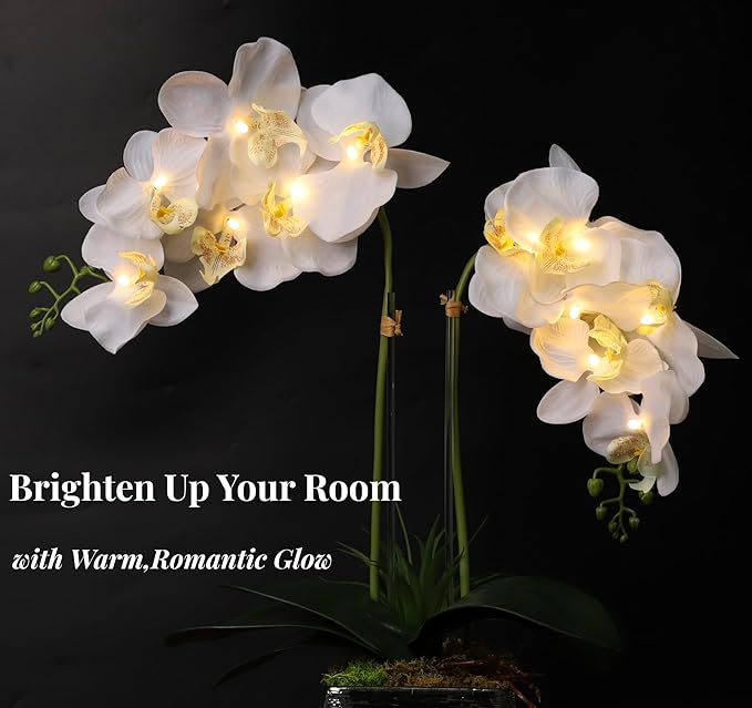 Orchid Lamp-LED Lighted Orchid Arrangements,Pre Lit Artificial Orchid,Light Up Flower Lights, Faux Orchid Phalaenopsis Arrangement (15", White)