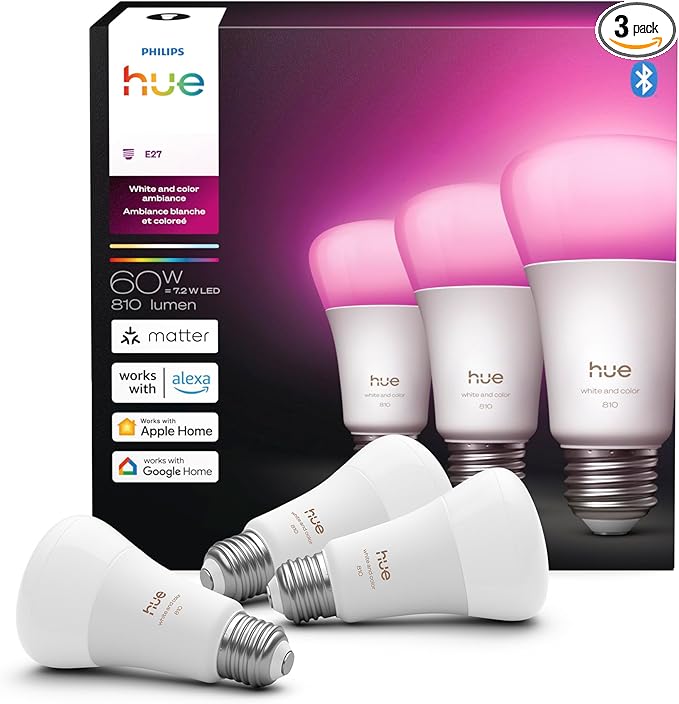 Philips Hue Smart LED A19 Bulb, White & Color Ambiance, E26 Base, 7.2W, Full Spectrum Light 1000K-20000K, 810 Lumens, Dimmable, Works with Alexa, Google,& Apple Home, 3pk