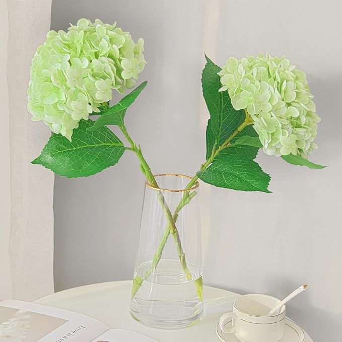 Real Touch Green Hydrangea Artificial Flowers with Stems, Fake Silk Flowers for Outdoors, 3 Pcs Artificial Flowers for Home Decor Wedding Bouquets Centerpieces Vase