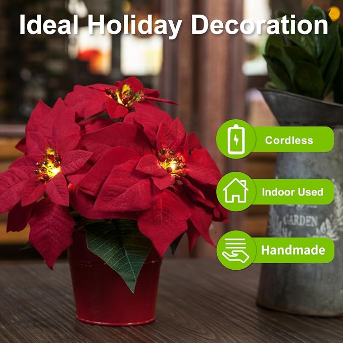 2 Pack Lighted Artificial Poinsettias for Outdoors LED Poinsettia Flowers Artificial Faux Poinsettia Plants Poinsettia Christmas Decorations for Holiday Home Kitchen Decor(10 inch)