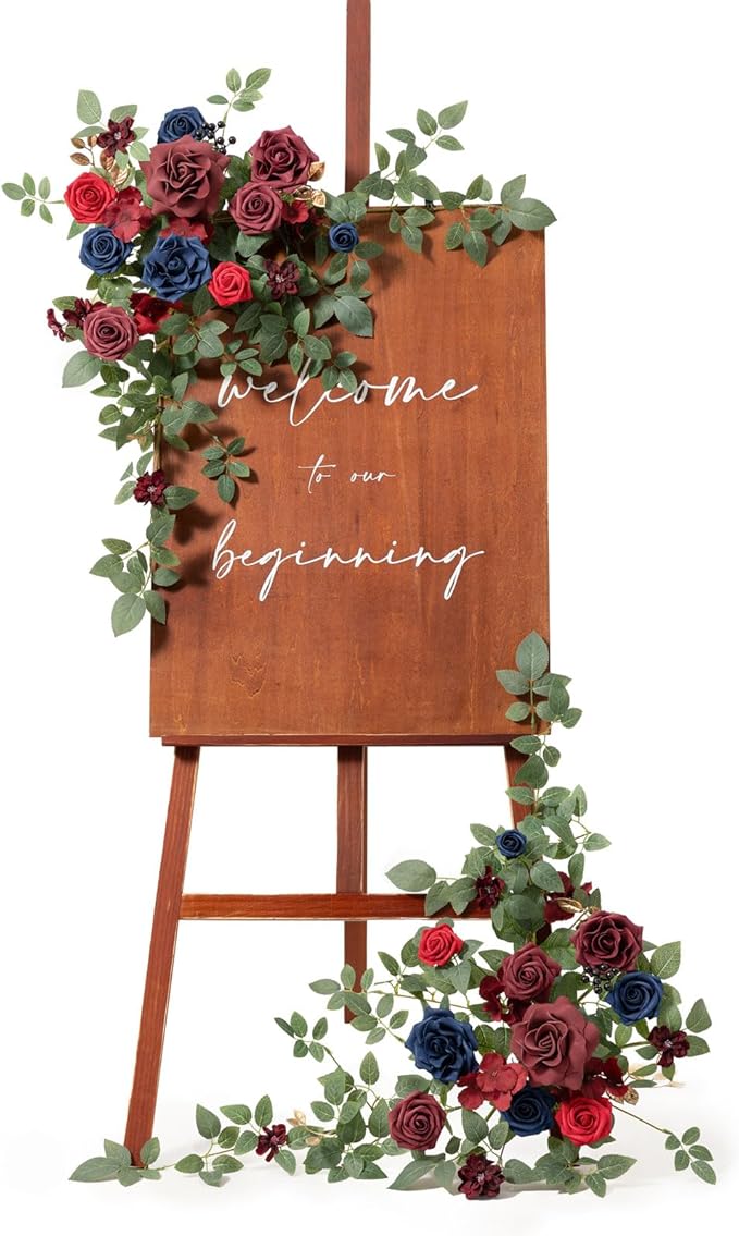 Ling's moment 2pcs Wedding Flowers Garland Artificial Floral Swag Arch Decorations Greenery Arrangements Burgundy & Navy Blue Ceremony Reception Garden Easel Wall Entryway Outdoor NOT Include Sign