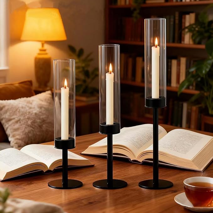 Taper Candle Holder Set, Black with Glass Hurricane – Modern Candlestick Holders for Dining Room Decor, Wedding Decor, Fall Centerpieces for Tables, Warmly Gift for Halloween and Christmas Season.