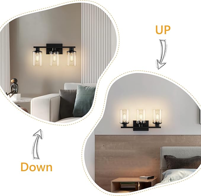 Black Bathroom Vanity Light Fixtures Over Mirror 3-Light Wall Sconce Lamp Lighting Fixtures