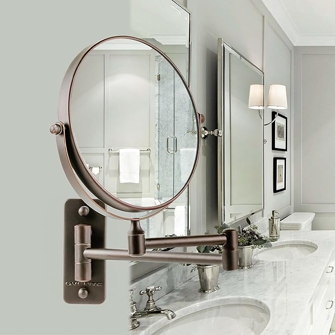 OVENTE 7" Wall Mounted Makeup Mirror with 1X/7X Magnification, Double Sided Magnifying Round Bathroom Vanity Mirror, 360° Swivel Design, Extendable and Folding Arm, Antique Bronze MNLFW70ABZ1X7X