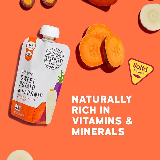 Serenity Kids 6+ Months Baby Food Pouches Veggie Puree - Sweet Potato & Parsnip - BPA-Free & USDA Organic Baby Food - No Added Sugar - Allergen Free - 3.5 Oz, 6 Pack