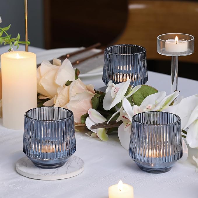 12 Pcs Large Blue Votive Candle Holders- 3.15"×3.15" Ribbed Blue Candle Holders, Blue Tea Lights Candle Holders for Dusty Blue Wedding Decor, Bridal Shower Decorations, Blue Centerpieces for Tables