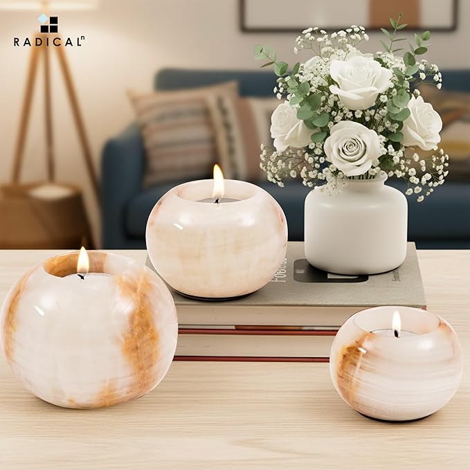 Radicaln Marble Tealight Candle Holder 4" Inch White Onyx Handmade Decorative Votive Candle Holder for Wedding Centerpieces, Elegant Set of 3 Mini Candle Holders for Living Room