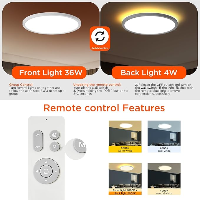 TALOYA Flush Mount Ceiling Light with Remote,3000K-6500K Adjustable,2000K Nightlight,12 Inch, Led Low Profile Ceiling Lights for Bedroom, Living Room, Kitchen, White
