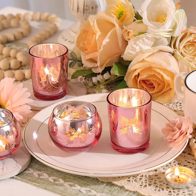 Pink 12 PCS Combination Tea Lights Candle Holder Decorative with Butterfly Pattern, Votive Candle Holders for Wedding, Birthday, Anniversary, Parties, and Holiday Decorations