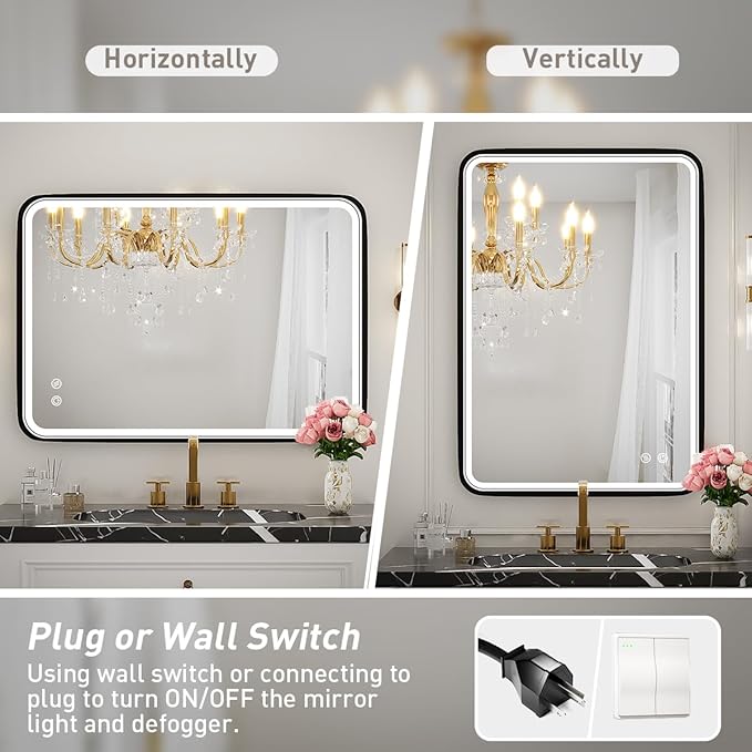 20X28 Inch LED Bathroom Mirror with Lights,Wall Mounted Lighted Mirrors with Non-Rusting Black Metal Frame Anti-Fog Memory Funtion Stepless Dimmable,6000K(Horizontal&Vertical)