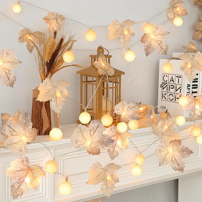 Thanksgiving Decorations-3 Pack 60LED Pumpkin Lights Fall Garland with 3D Pumpkin Enlarged Maples Leaf Battery Operated Pumpkin Thanksgiving Decor Autumn Fall Decor for Home Indoor Outdoor Holiday