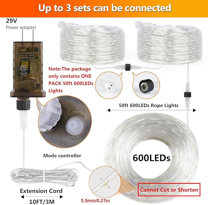 OMIKA 50ft Connectable Outdoor Rope Lights, 600 LED Warm White Strip Light Plug in for Indoor with Waterproof 8 Modes, Outdoor String Lights for Garden, Backyard, Patio, Deck, Pool, Camping Decor