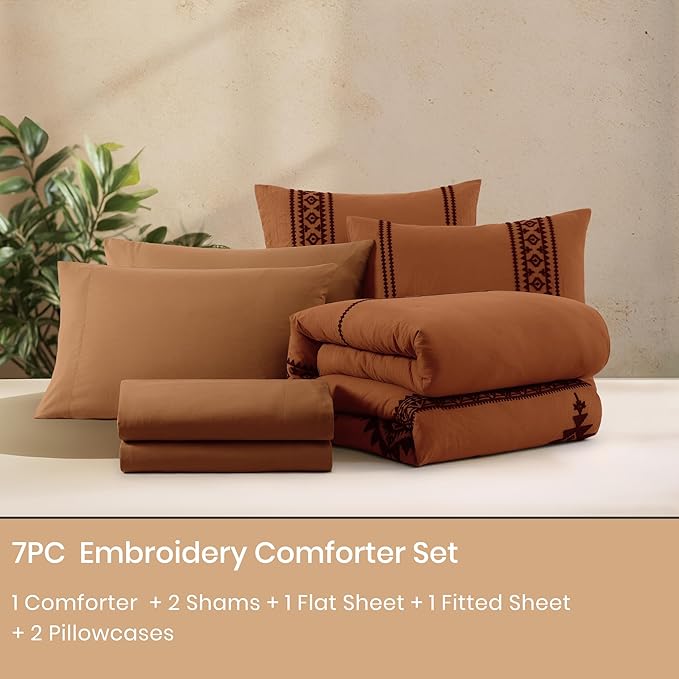 MaiRêve California King Comforter Set Burnt Orange, Embroidery Western Bedding Set Boho 7 Pieces, Farmhouse All-Season Bed in A Bag with Sheets, Pillowcases & Shams