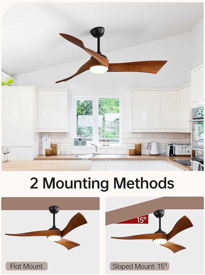 Sofucor 52 Inch Ceiling Fans with Lights, Solid Wood Indoor/Outdoor Ceiling Fan with Remote, Reversible DC Motor, 3 Blade Modern Ceiling Fan Light, Low Profile Ceiling Fans for Bedroom Patio Kitchen