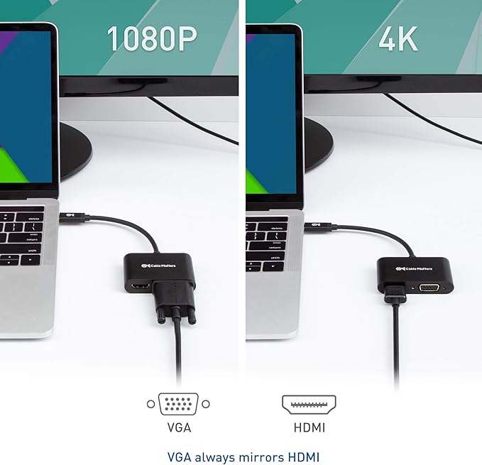 Cable Matters Aluminum USB C to HDMI VGA Adapter for Surface Pro 7, MacBook Pro, Dell XPS 13, and More - Thunderbolt 4 / USB4 / Thunderbolt 3 Port Compatible