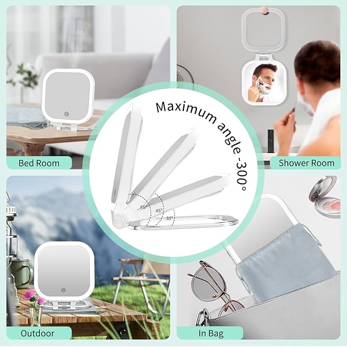 FASCINATE 20X Magnification Rechargeable Travel Makeup Mirror, Lighted Portable Vanity Mirror with 3 Colors Lighting & Stepless Dimming, Double Sided LED Mirror, Gift for Women (White+Bag)