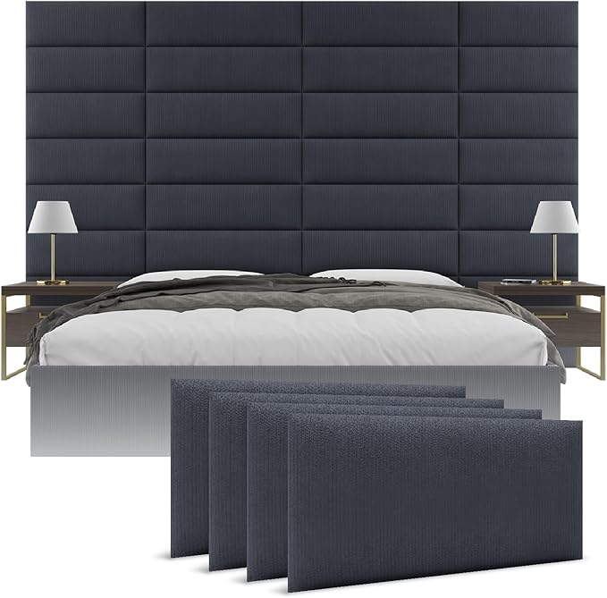 Vänt Upholstered Wall Panels - King/Cal King Size Wall Mounted Headboards - Ribbed Midnight Blue - Twin/King - Set of 4 Panels (Each Individual Panel 39"x11.5")
